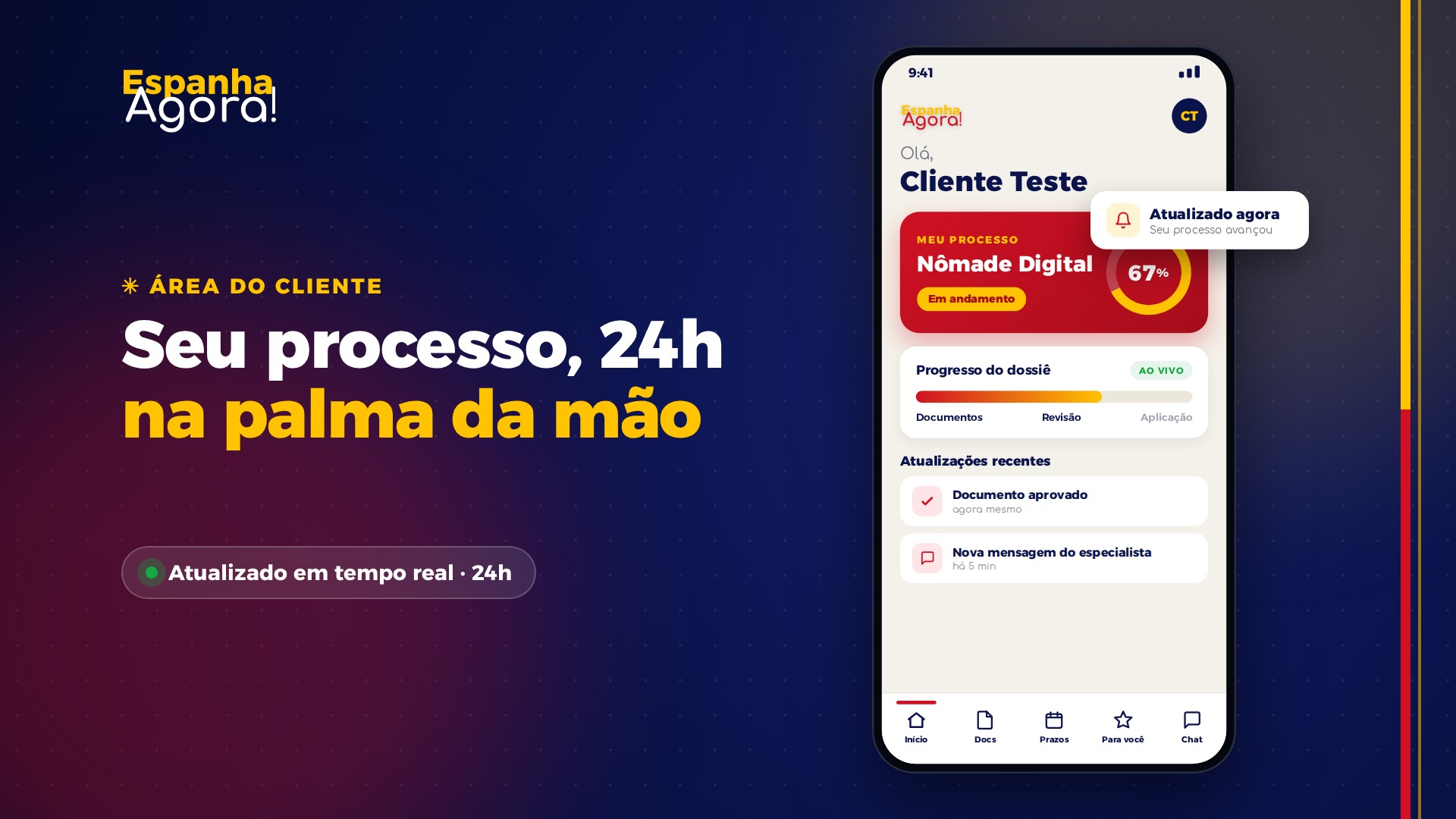Prévia da Área do Cliente da Espanha Agora: processo Nômade Digital com 67% do dossiê concluído, progresso em tempo real e atualizações recentes.